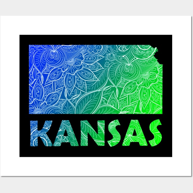 Colorful mandala art map of Kansas with text in blue and green Wall Art by Happy Citizen